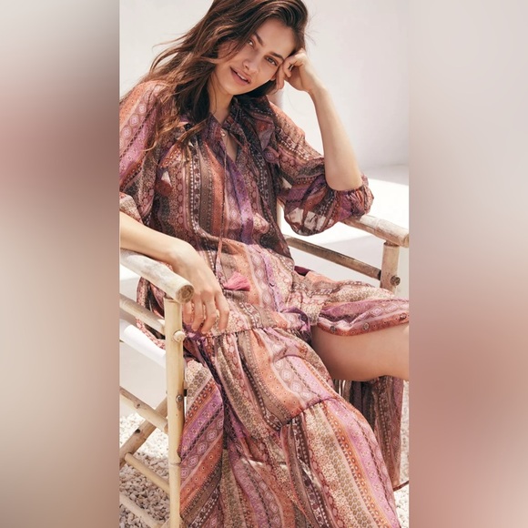 NWT Anthropologie Sarah Hann Tiered Ruffle Maxi Tassel Dress - Picture 2 of 8